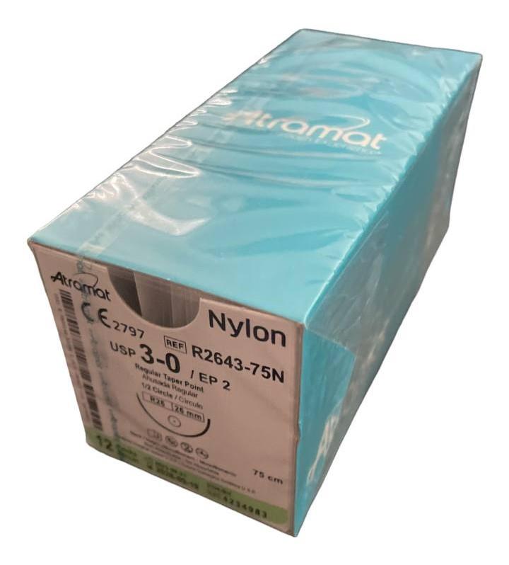 Нейлон (поліамід) R2643-75N чорний монофіламент, що не розсмоктується USP 3-0 (EP2) зі колючою голкою 26мм, 3/8кола, довж. нитки 75см